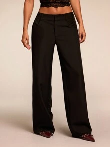 SHEIN BAE Quần ống rộng đơn giản, cạp thấp, dáng rộng, quần mùa đông cho nữ, trang phục mùa thu cho nữ, quần, quần âu cho nữ, đồ đi làm, phong cách cổ điển, quần ống rộng vải chéo thu đông, quần mùa đông cho nữ, quần cạp thấp, quần len, quần trang trọng, quần ống rộng, quần thường ngày - màu đen - Xem 5