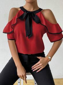 EMERY ROSE 女士撞色领系带露肩短袖优雅衬衫，适合新年穿着 - 紅色 - 查看 6