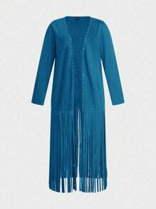 Calvaya Plus Size Front Strap Bead Embellished Tassel Hem Lightweight Long Sleeve Jacket Fall Cloth For Women - Blue - View 1