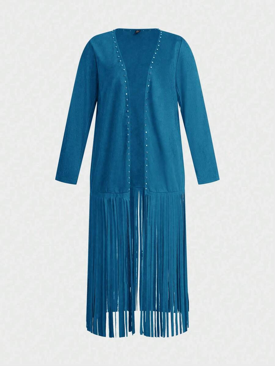 Calvaya Plus Size Front Strap Bead Embellished Tassel Hem Lightweight Long Sleeve Jacket Fall Cloth For Women - Blue - View 1