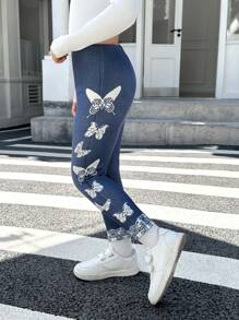 SHEIN Young Girl Butterfly Pattern Knitted Leggings - Blue - View 1