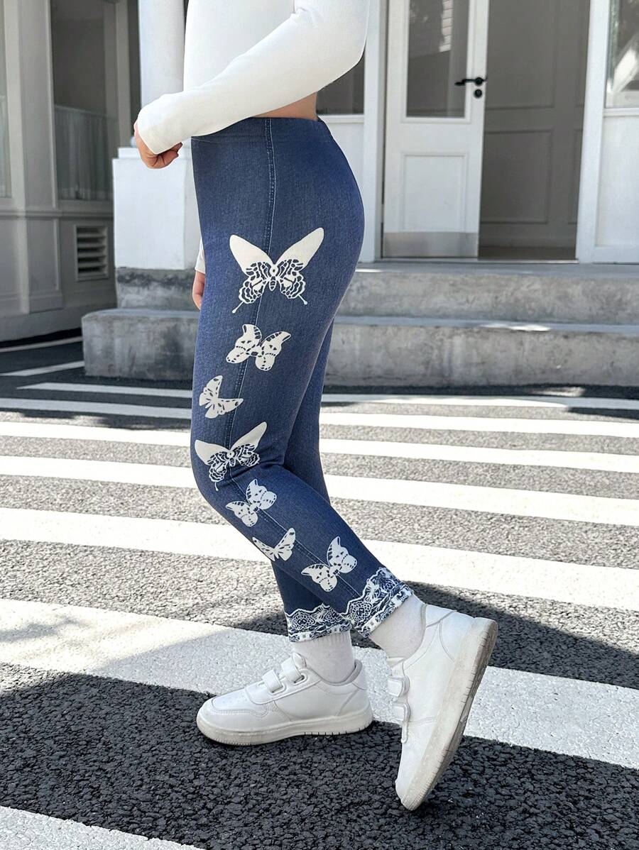 SHEIN Young Girl Butterfly Pattern Knitted Leggings - Blue - View 1