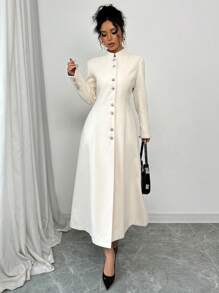 Elenzga Women's Stand Collar Single-Breasted Cinched Waist Long Overcoat - Apricot - View 5