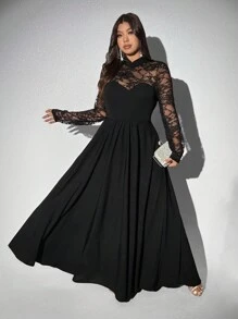 Viva Relle Plus Size Elegant Lace Stand Collar A-Line Long Sleeve Dress Maxi Women Outfit