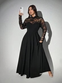 Viva Relle Plus Size Elegant Lace Stand Collar A-Line Long Sleeve Dress Maxi Women Outfit