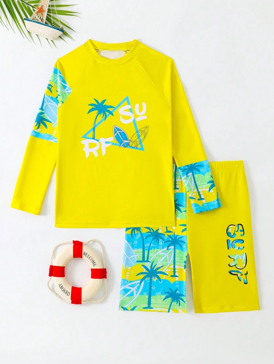 SHEIN 青少年男童椰子树印花长袖防晒衣和泳裤两件套泳衣套装，适合海滩、游泳、冲浪、潜水、水上乐园男童沙滩套装男童泳衣套装