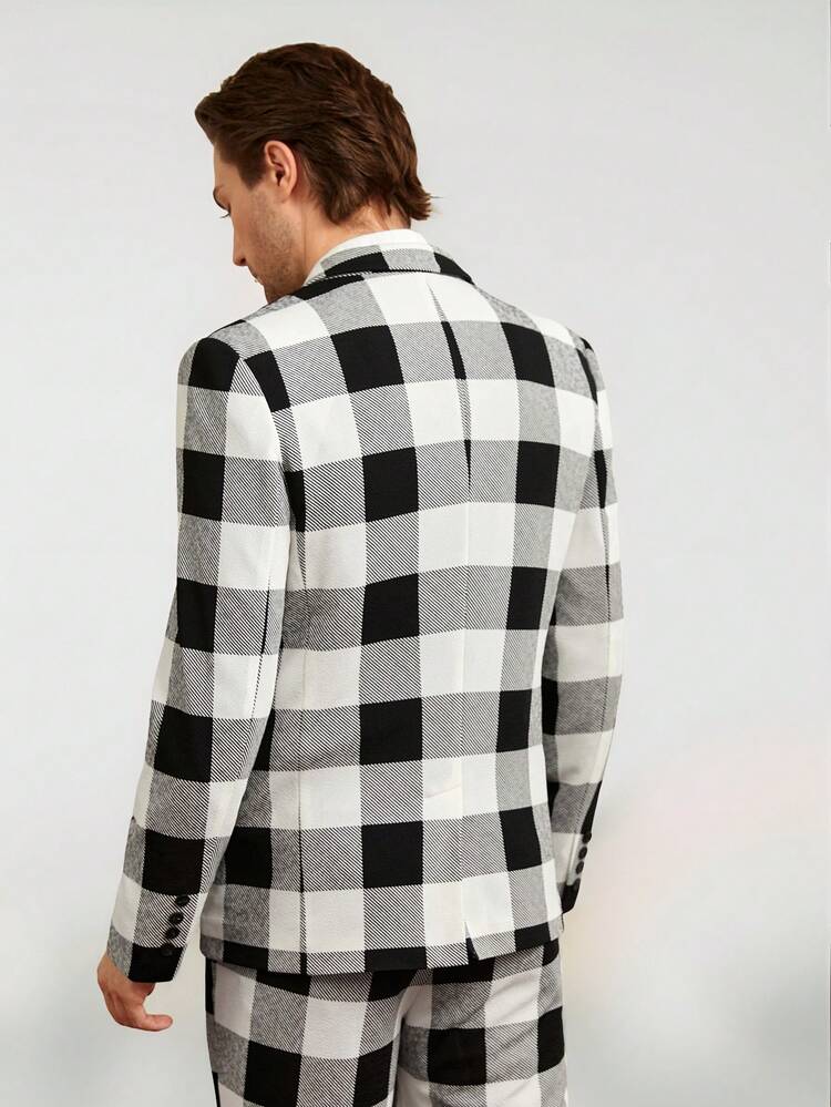 Men's Knitted Blazer Jacket With Notched Lapel Collar And Plaid Pattern