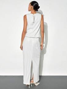 Maija Women Elegant White 2 Pieces Set With Sparkle Sequin Details And Backless Teardrop Design, Suitable For Christmas Party, Autumn/Winter - White - View 4