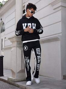 Manfinity EMRG 2pcs/Set Men Casual Letter Print Hooded Sweatshirt And Sweatpants Set - Multicolor - View 3