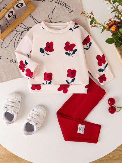 SHEIN Vintaside Kids Baby Mädchen 2-teiliges Set mit Blume Muster, Rippstrick Rundhals Sweatshirt und Rippstrick Leggings, komfortables und stilvolles Lässig Set für Herbst/Winter