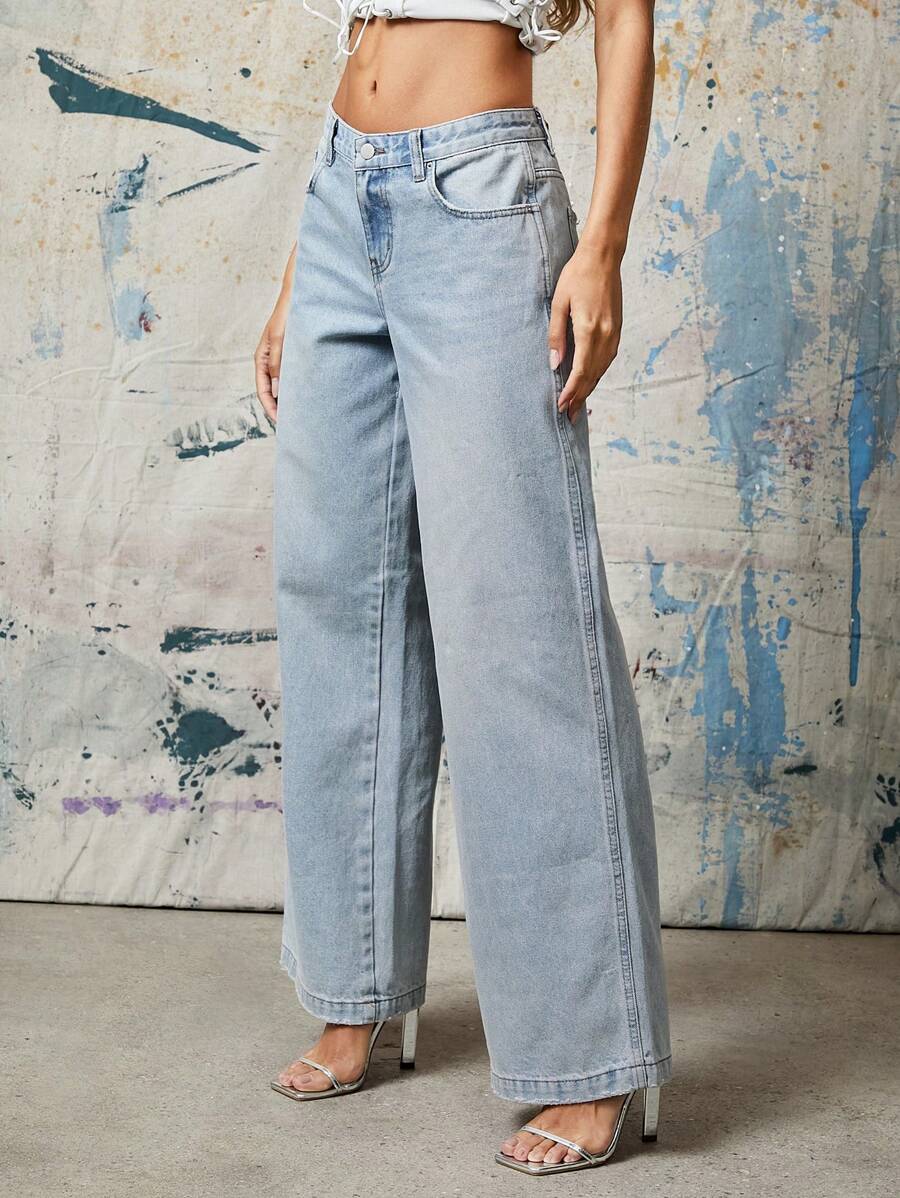 Denimoi Premium Low Rise Non-Stretch Baggy Wide Leg Jeans - Blue - View 1