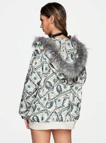 ROMWE Y2K Abby Street Fashion Forward Dollar Bill Print Bling Fuzzy Cap & Loose Women Sweatshirt