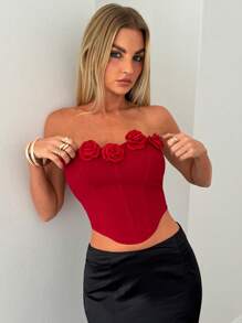 Aloruh Women's Spring And Summer New 3D Rose Decorated Bustier, Tight Fit, Flared Hem, Suitable For Christmas, New Year, Party, Date, Valentine's Day