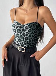 Chiquease 豹纹性感约会派对情人节夜店酒吧细肩带抹胸下装双层内衬加厚秋冬季常规吊带背心内衣背心图案猎豹印花T恤女上衣