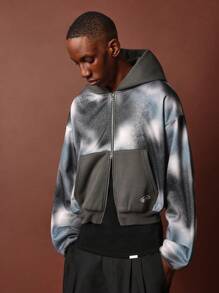 SUMWON Streetwear Zip Through Hoodie With Cloud Print Pattern Urban Style Sweatshirt Loungewear Winter Fall Layering Piece Drawstring Casual Outerwear Relaxed Fit - Grey - View 1