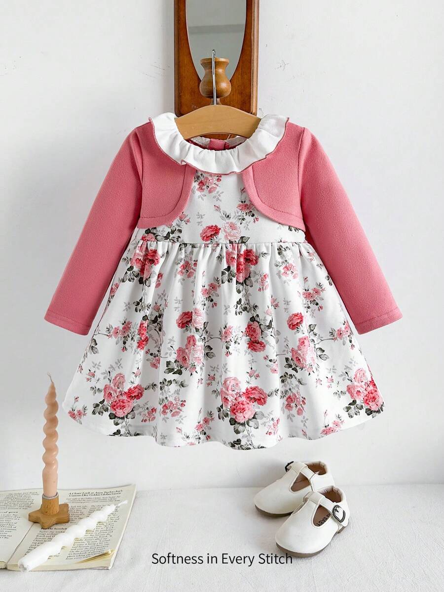 Cozy Pixies 女婴 2 合 1 色块花卉长袖收腰 A 字形连衣裙 - 彩色 - 查看 1