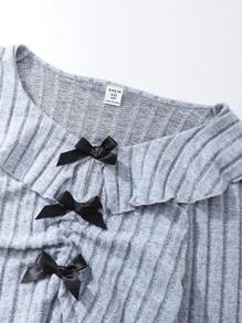 SHEIN Tween Girl Casual Ribbed Ruffle V-Neck Top And Bow Knot Skirt, 2 Pieces Set, Suitable For Daily Wear In Fall And Spring And Winter - Grey - View 6