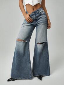 SHEIN ICON Women's Loose High-Waisted Ripped Pocket Denim Wide Leg Jeans Holiday Outfits - Blue - View 5