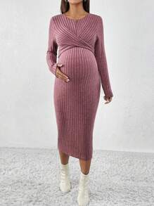 SHEIN Maternity Plain Ribbed Cross-Wrap Long Sleeve Casual Knit Dress - Red Violet - View 3