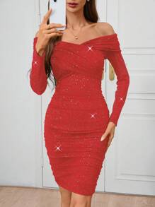 SHEIN Clasi Đầm dự tiệc hở vai nhún bèo lấp lánh gợi cảm thanh lịch dành cho nữ - Đỏ - Xem 4