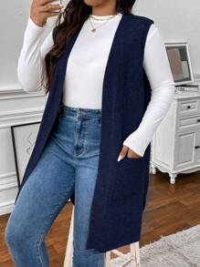 SHEIN Clasi Chaleco de punto sin mangas clásico y elegante de talla grande en gris con bolsillos, para invierno