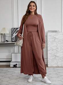 SHEIN LUNE Conjunto de 3 piezas de chaqueta larga, chaleco y pantalón de unicolor casual de talla grande, nuevo atuendo de invierno para mujeres de Año Nuevo, vestidos de invierno, ropa de invierno para mujeres, atuendos de rave, conjunto de Acción de Gracias para mujeres