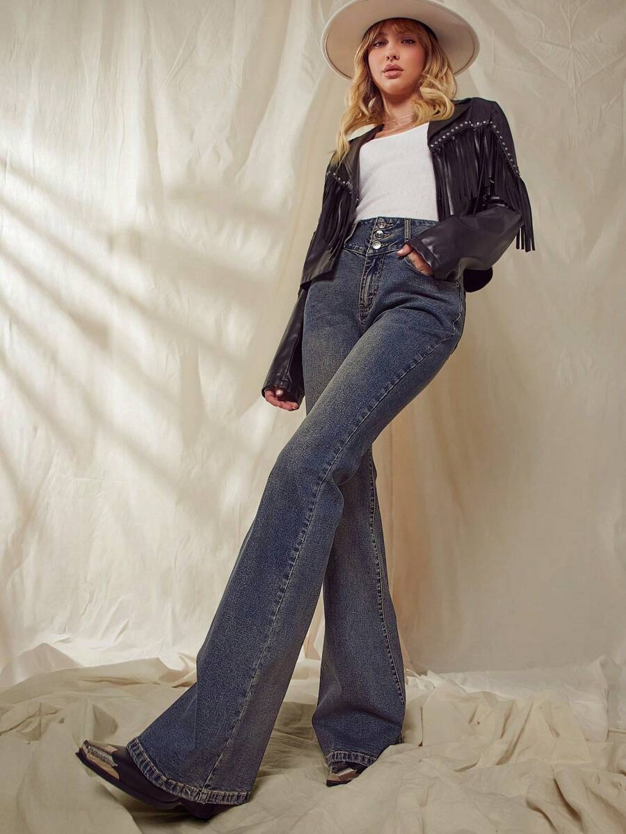 WESTFADE Tinted Triple Button Yoke High Rise Stretch Flare Jeans - Dark Wash - View 1