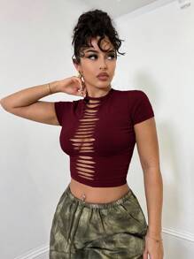 SHEIN BAE 纯色破洞镂空紧身上衣，适合春夏音乐节、音乐会、休闲街头风格、乡村风服装