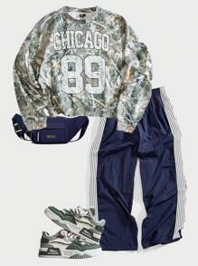 Forever 21 Men's Loose Casual All-Over Printed Cropped Pullover Sweatshirt With Numbers And Letters - Green - View 3