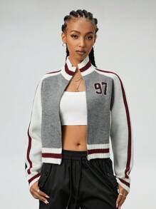 Muchica Áo len cardigan dài tay có khóa kéo họa tiết Preppy Going Out dành cho nữ - Màu Xám nhạt - Xem 1