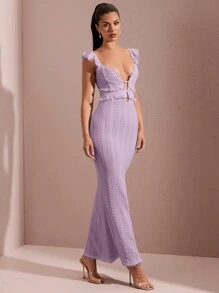 SHEIN BAE Zomerse witte sexy holle haak textuur ruches kapmouw rugloze strikband maxi bodycon fishtail jurk, elegante
