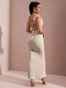 SHEIN BAE 白色蕾丝镂空盖袖露背系带超长鱼尾连衣裙，性感优雅夏日 - 杏色 - 查看 2