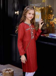 SHEIN Vestido elegante de manga larga con pliegues para niñas preadolescentes, ideal para usar al aire libre y para ir y venir en otoño, primavera e invierno, Vestido rojo