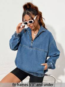 SHEIN PETITE Áo cánh denim dài tay bó sát dành cho nữ, màu xanh - Rửa trung bình - Xem 1