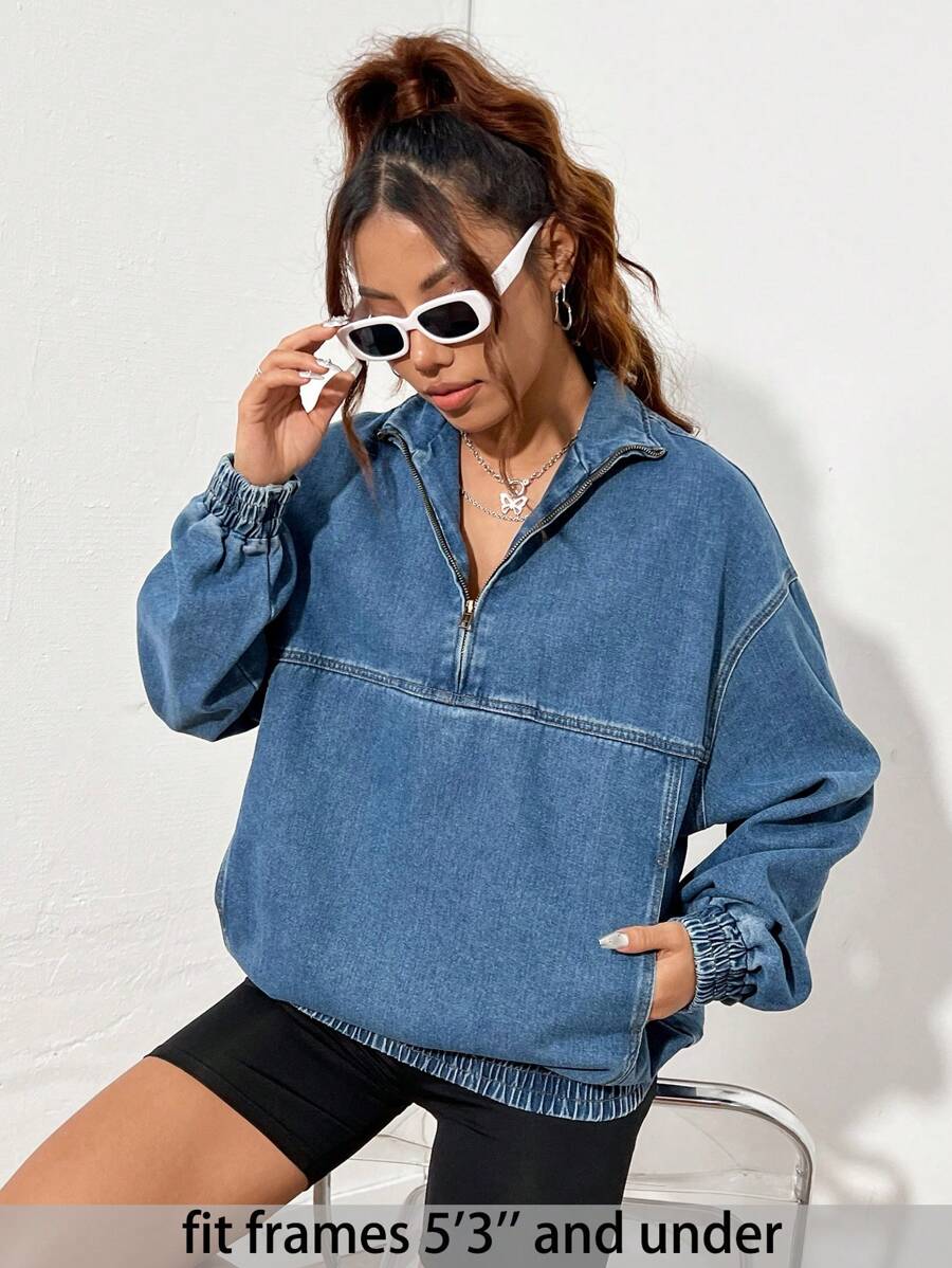 SHEIN PETITE Áo cánh denim dài tay bó sát dành cho nữ, màu xanh - Rửa trung bình - Xem 1