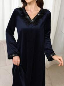 Al Najma V-Neck Embellished Feather & Ribbon Trim Dress - Royal Blue - View 1