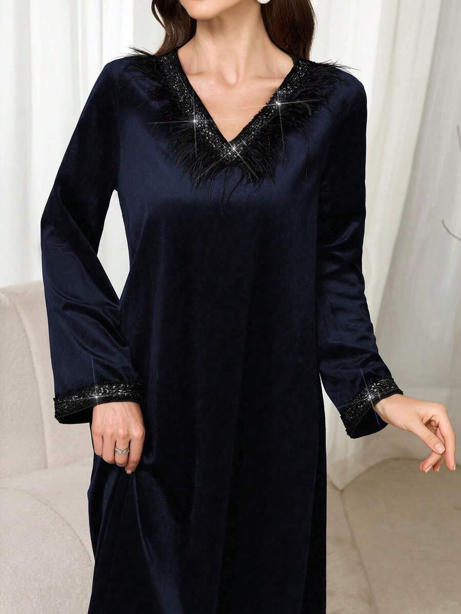 Al Najma V-Neck Embellished Feather & Ribbon Trim Dress - Royal Blue - View 1