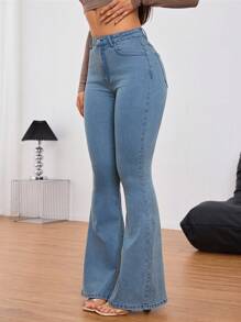 SHEIN Tall Women's Front Button Pocket Simple Style Jeans, Casual Daily Wear - Blue - View 5