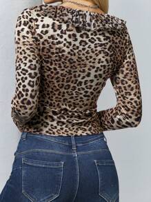 INAWLY Women Leopard Print Square Neck Slim Fit Long Sleeve Round Neck T-Shirt Graphic Cheetah Print Tees Women Tops For Spring Fall Cloth For Women - Multicolor - View 2