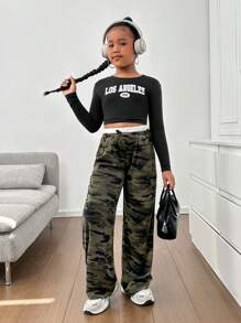 SHEIN Set de 2 piezas de pantalones anchos de punto de cintura elástica con parches, de unicolor y otro de estampado camuflaje, para niñas preadolescentes - Multicolor - Ver 6
