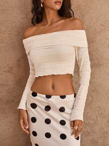 Opulessa Women's Solid Color Off Shoulder Long Sleeve Simple Casual Blouse, For Daily Wear