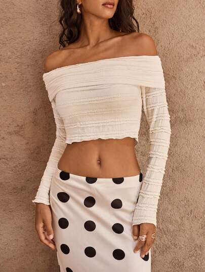 Opulessa Women's Solid Color Off Shoulder Long Sleeve Simple Casual Blouse, For Daily Wear