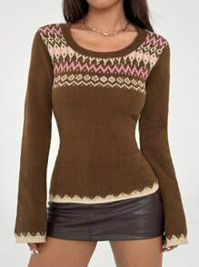 Flirla 复古欧美风女式毛衣，圆领长袖，简约时尚休闲日常针织套头衫，秋冬款 - 彩色 - 查看 5