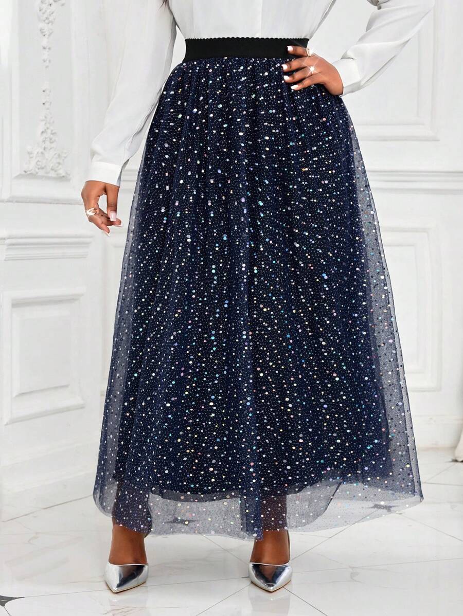 SHEIN Lady 秋冬优雅海军蓝 海军蓝情人节大码鸡尾酒会大码裙子 超长裙 闪亮裙 女士蓝色裙子 情人节新年派对裙 鸡尾酒蓝裙 大码