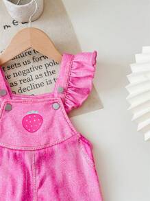 SHEIN Bộ đồ liền thân viền bèo nhún màu hồng họa tiết dâu tây dễ thương cho bé gái sơ sinh, mùa thu/đông - Hồng - Xem 5