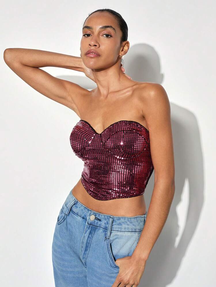 SHEIN Maija Blouse à Top en coupelle orné de sequins pour femmes, pièce d'habillement pour l'automne/hiver, rouge vin