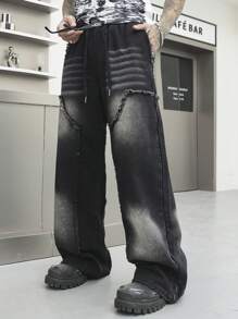 Manfinity EMRG Men's Dark Black Vintage Washed Wide Leg Casual Denim Pants