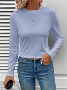 SHEIN LUNE Women's Round Neck Long Sleeve Basic Fitted T-Shirt, Skin-Friendly And Comfortable, Suitable For All Seasons