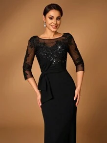 Serin Elegancka, luksusowa, prześwitująca, długa, z cekinami, haftowana, koronkowa, patchworkowa, elastyczna, marszczona, kokardkowa sukienka z wzorem rybiego ogona, odpowiednia na wesele, pojedyncze przyjęcie, wakacje, bal, wieczorną galę, sukienkę dla matki panny młodej (wersja ciężka)