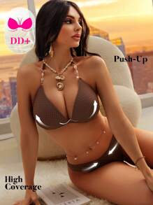 Swim DD+ Damen Bikini Set mit einfarbiger, bügelfreier Push-Up Schalen Verzierung, sexy für den Sommer